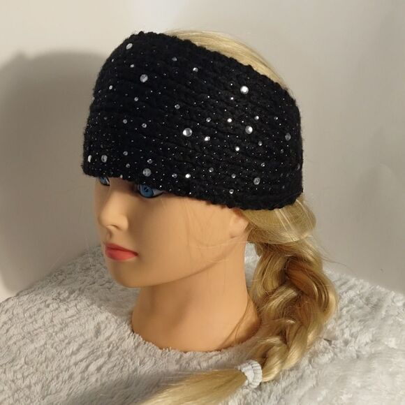 Black Knit Rhinestone Studded Ear Muff Headband - Picture 5 of 5